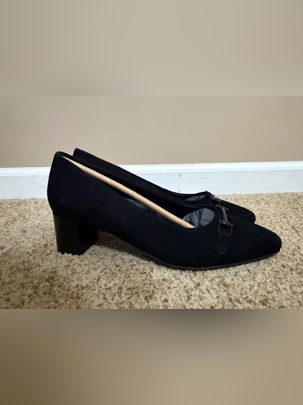 Trotters Black Suede Low Block Heel Pumps with Buckle